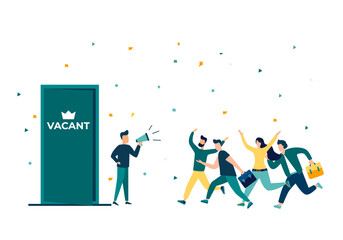 Vacancy announcement, recruitment agency, crowd of job seekers, vector illustration isolated background.