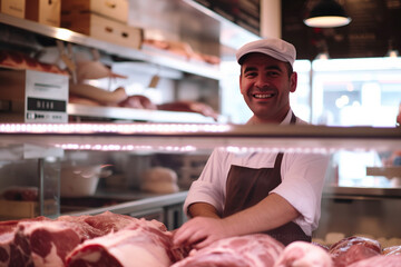 smiling butcher in a meat stall, light white and light maroon style