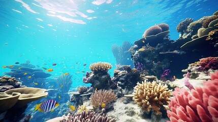 Beautiful coral reef with tropical fish. Underwater sea world with topical fish and corals. Generative AI - obrazy, fototapety, plakaty