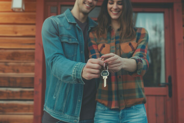 Obraz na płótnie Canvas a couple holding the keys to their new home, light amber and magenta style