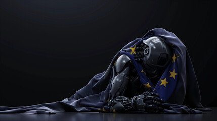 Contemplative Futuristic Robot Draped in European Union Flag on Dark Background /AI Trapped in the AI Act - Generative AI - obrazy, fototapety, plakaty