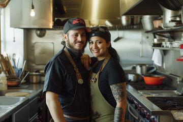 two people in uniform pose for a photo in the kitchen