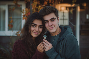 two young people holding a brand new house key in front of their new home