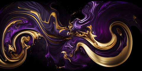 Contemporary Marbling Background. Liquid Swirls in Beautiful Purple and Black colors, with Gold...