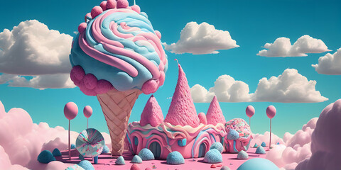 Cotton candy land. Generative AI.