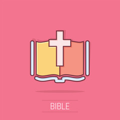 Bible book icon in comic style. Church faith cartoon vector illustration on white isolated background. Spirituality splash effect business concept.