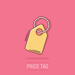 Price tag icon in comic style. Label cartoon vector illustration on white isolated background. Sale coupon splash effect business concept.