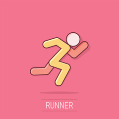 Fototapeta na wymiar Run people icon in comic style. Jump cartoon vector illustration on white isolated background. Fitness splash effect business concept.