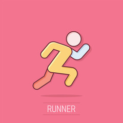 Run people icon in comic style. Jump cartoon vector illustration on white isolated background. Fitness splash effect business concept.