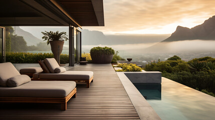 Fototapeta na wymiar Terrace at the poolside with misty landscape