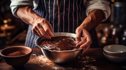 Close-up of a baker or chef whipping chocolate cream for a cake in a bowl.