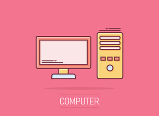 Pc computer icon in comic style. Desktop cartoon vector illustration on white isolated background. Device monitor splash effect business concept.