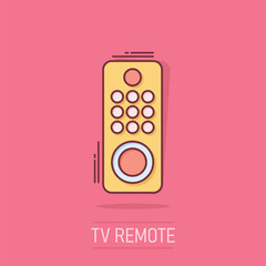 Fototapeta na wymiar Tv remote icon in comic style. Television cartoon sign vector illustration on white isolated background. Broadcast splash effect business concept.