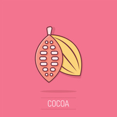 Cocoa bean icon in comic style. Chocolate cream cartoon vector illustration on white isolated background. Nut plant splash effect business concept.