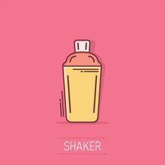 Shaker cocktail icon in comic style. Alcohol bottle cartoon vector illustration on white isolated background. Bar drink splash effect business concept.
