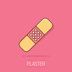 Bandage icon in comic style. Plaster cartoon vector illustration on white isolated background. First aid kit splash effect business concept.