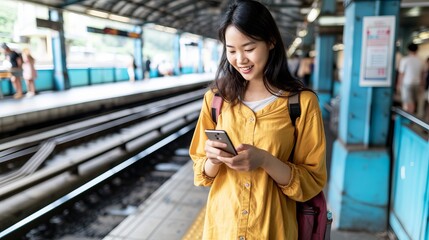 Obraz premium Confident young woman with long hair on train station platform, using smartphone