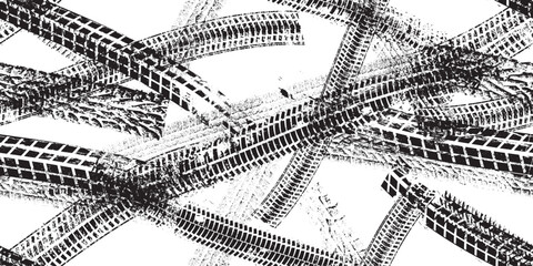 Tire track seamless pattern. Grange tread marks .Grunge textured vector car tread . Car trails endless pattern texture. Tyre track seamless texture. Wheel tire tread track background © miloje