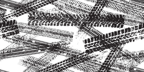 Tire track seamless pattern. Grange tread marks .Grunge textured vector car tread . Car trails endless pattern texture. Tyre track seamless texture. Wheel tire tread track background © miloje