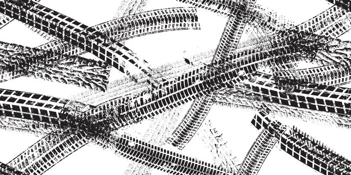 Tire track seamless pattern. Grange tread marks .Grunge textured vector car tread . Car trails endless pattern texture. Tyre track seamless texture. Wheel tire tread track background