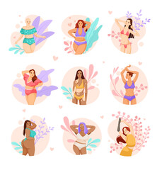 Set of women or girls body positive concept. Woman in swimsuit is not shy about her body. Beauty figure shape. Attractive person in bikini. Flat vector illustration isolated on white background