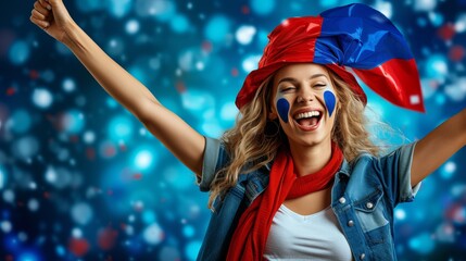 Excited french woman fan with flag face paint cheering at football stadium, copy space