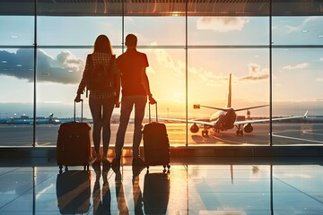 Silhouette of young couple standing together in airport terminal romantic scene of two travelers with luggage embarking on journey depicting love vacation and modern travel lifestyle - obrazy, fototapety, plakaty