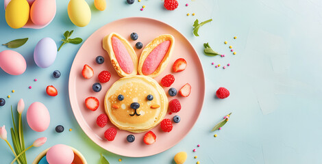 Easter children's breakfast, Pancake in the shape of a cute Easter bunny face with berries and honey and colorful Easter eggs on a pastel blue background with copy space.