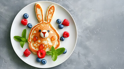 .Easter children's breakfast, Pancake in the shape of a cute hare with berries and honey on a light gray concrete background with copy space for the recipe