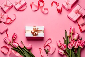 Immerse in the tender charm of Mother's Day or Valentine's with a top-view snapshot capturing a beautifully wrapped gift box, ribbon, and a bouquet of tulips on a serene pink backdrop.