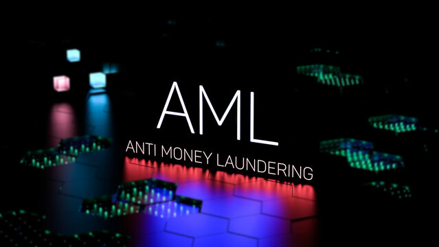 AML Anti Money Laundering text, acronym neon on digital background. AML concept, banner. 3D render
