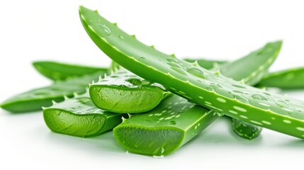 Stack of Aloe vera sliced with gel dripping isolated on white background