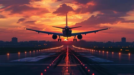Foto op Plexiglas passenger plane fly up over take-off runway from airport at sunset © Ruslan Gilmanshin
