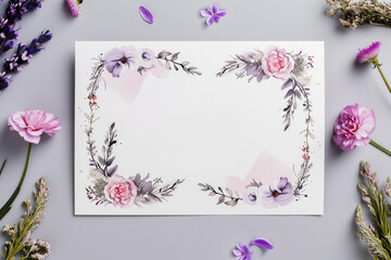 A blank floral invitation card with flowers on a light grey background. The card is surrounded by purple flowers, herbs and other blossoms. 