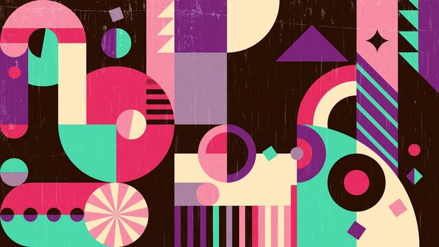 Colorful abstract composition made of various geometric shapes. Motion graphic design in retro style.