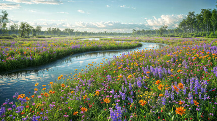 Fototapeta premium Beautiful countryside landscape. Summer wildflowers on the shore of a river. For backgrounds, covers, wallpapers, wall art and other projects.