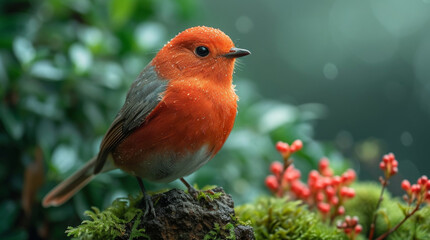 Fototapeta premium Closeup image of a bright bird in the forest. Illustration for covers, banners wallpapers and other prolects about nature.