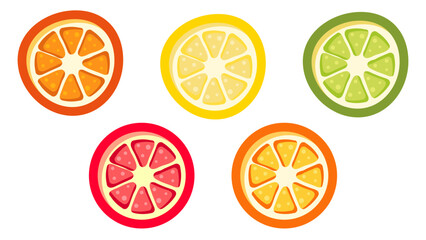 Citrus fruit icon set. Citrus fruit slices. Mandarin, lemon, lime, grapefruit, orange. Flat design