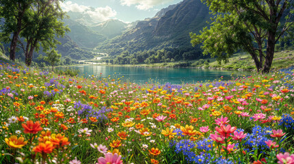 Idyllic summer landscape. Wildflowers on the shore of a mountain lake with green mountains in the background. For backgrounds, covers, wallpapers, wall art and other projects. - obrazy, fototapety, plakaty