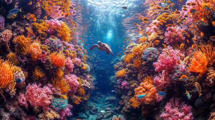 Naklejka premium Life on a coral reef with colorful fishes and a sea turtle. Image for covers, backgrounds, wallpapers and other projects about nature and sea animals. 