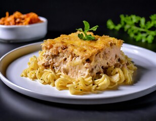 Closeup Photo of Tuna Noodle Casserole on a white plate with black background 
