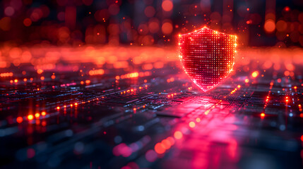 Vivid red cyber protection shield on a digital binary code background, symbolizing data security.
