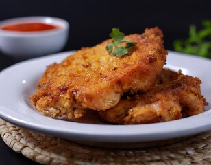 Closeup Photo of Chicken Fried Steak on a white plate with black background