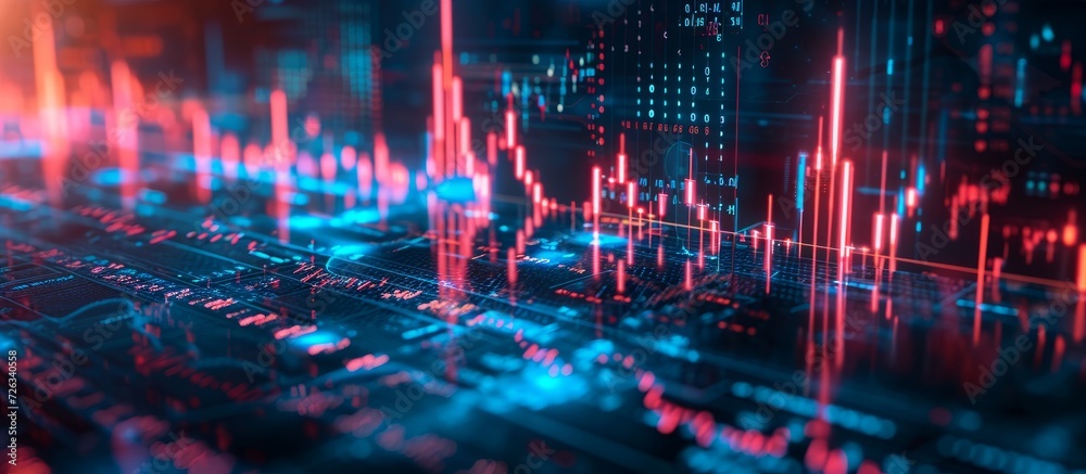 Poster Investment concept portrayed through holographic stock market chart on computer backdrop.