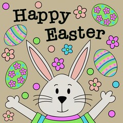 Happy Easter bunny. Cartoon Easter bunny illustration in a colourful jumper. Happy Easter design. Easter rabbit with Easter eggs and flowers. Patterned eggs with flowers, stripes and dots. 