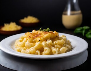 Closeup Photo of Mac & Cheese on a white plate with black background