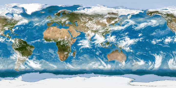 Fototapeta world map, earth, planet, with clouds 360° vr equirectangular surface map texture 14k
