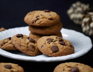 Closeup Photo of Chocolate Chip Cookies on a white plate with black background