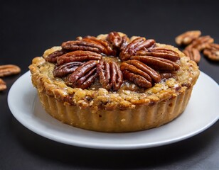 Closeup Photo of Pecan Pie on a white plate with black background