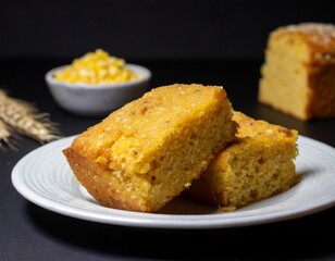  Closeup shot of Cornbread on a white plate with black background